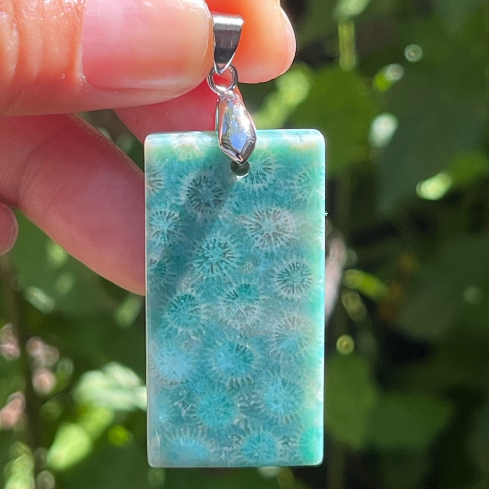 Sterling Silver Rectangular Blue Coral Jade Penda… - image 7